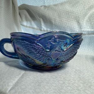 L.E. Smith Blue Carnival Glass Nappy Eagle Pattern Cup Bowl 5 Inches Across